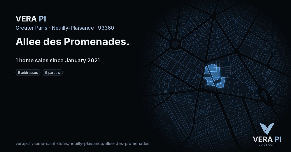 Allee des Promenades, Neuilly-Plaisance at night – every parcel coloured by the prices around it, the street's own parcels lit