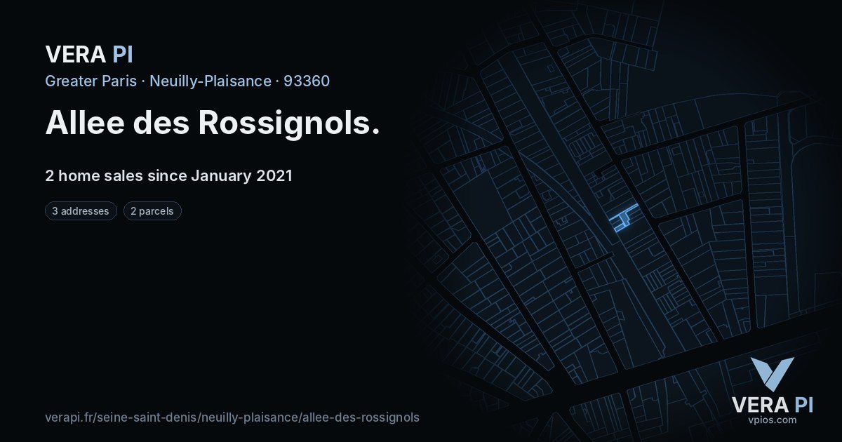 Allee des Rossignols, Neuilly-Plaisance at night – every parcel coloured by the prices around it, the street's own parcels lit