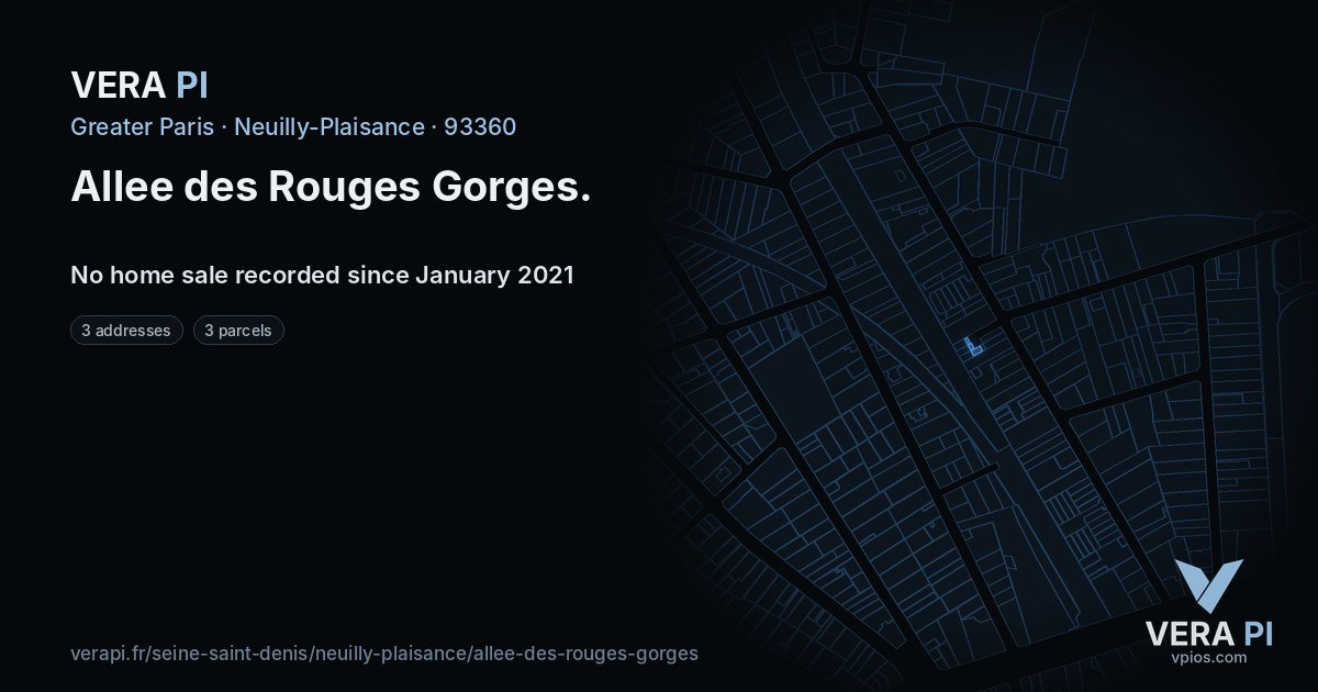 Allee des Rouges Gorges, Neuilly-Plaisance at night – every parcel coloured by the prices around it, the street's own parcels lit