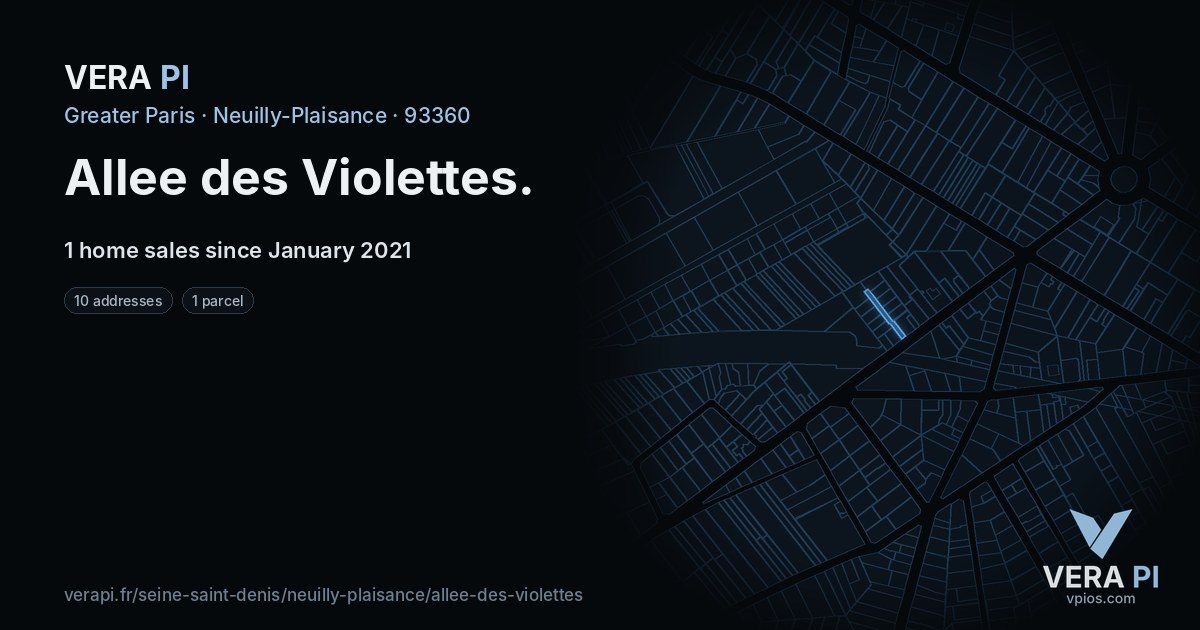 Allee des Violettes, Neuilly-Plaisance at night – every parcel coloured by the prices around it, the street's own parcels lit