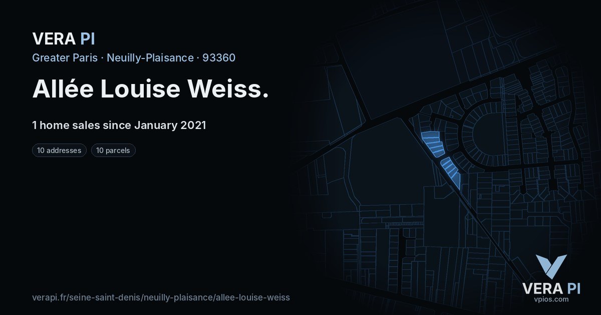 Allée Louise Weiss, Neuilly-Plaisance at night – every parcel coloured by the prices around it, the street's own parcels lit