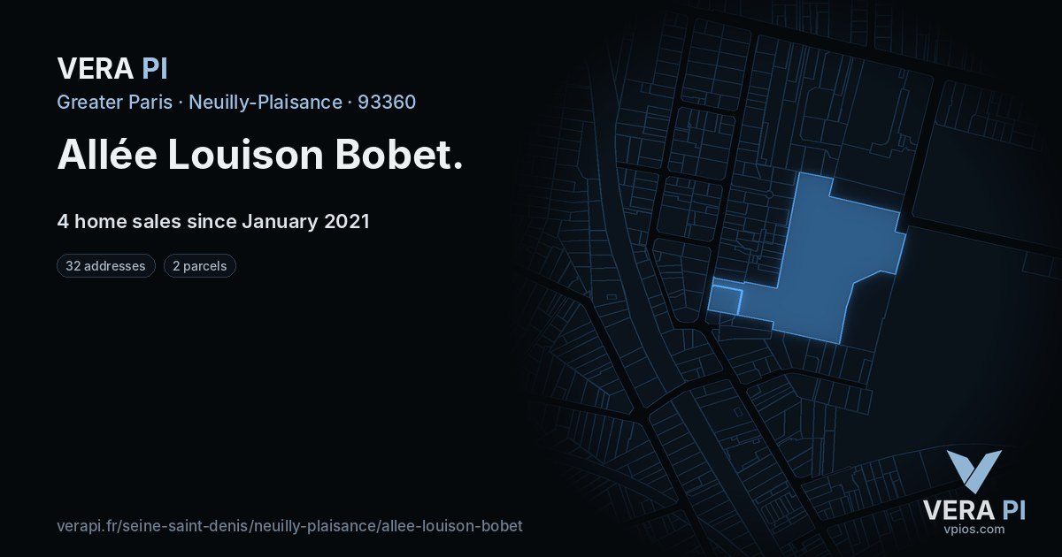 Allée Louison Bobet, Neuilly-Plaisance at night – every parcel coloured by the prices around it, the street's own parcels lit
