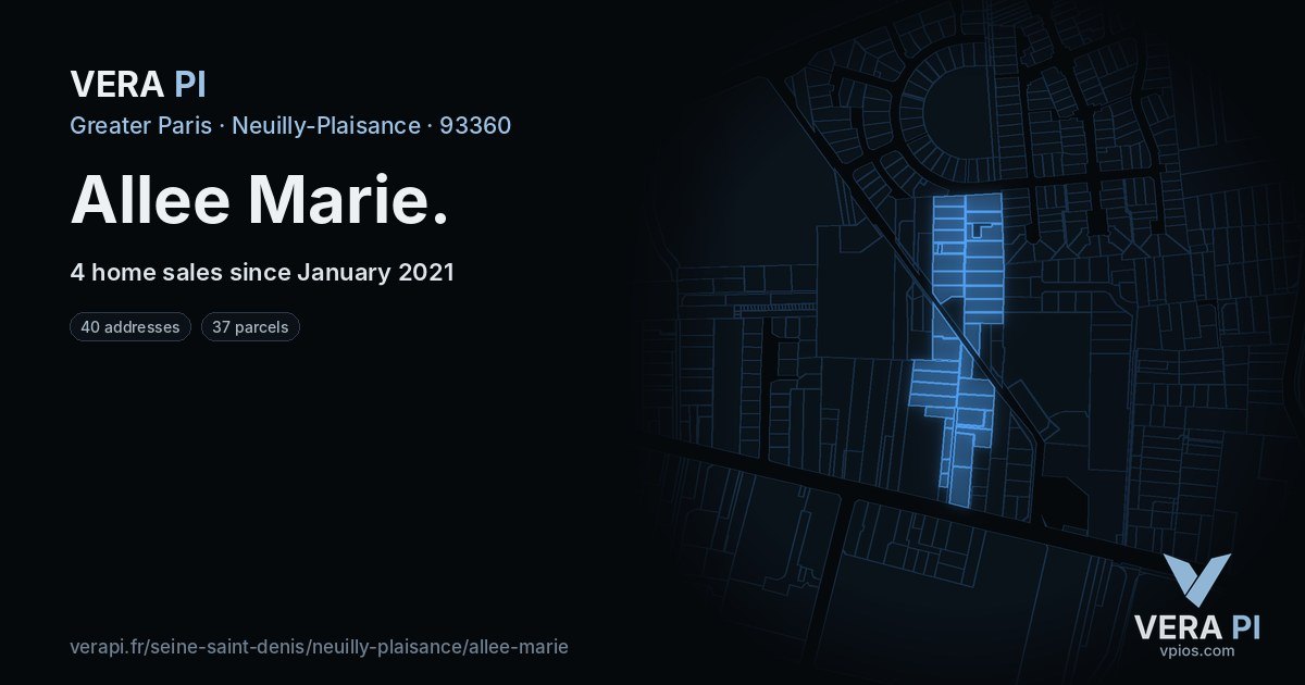 Allee Marie, Neuilly-Plaisance at night – every parcel coloured by the prices around it, the street's own parcels lit