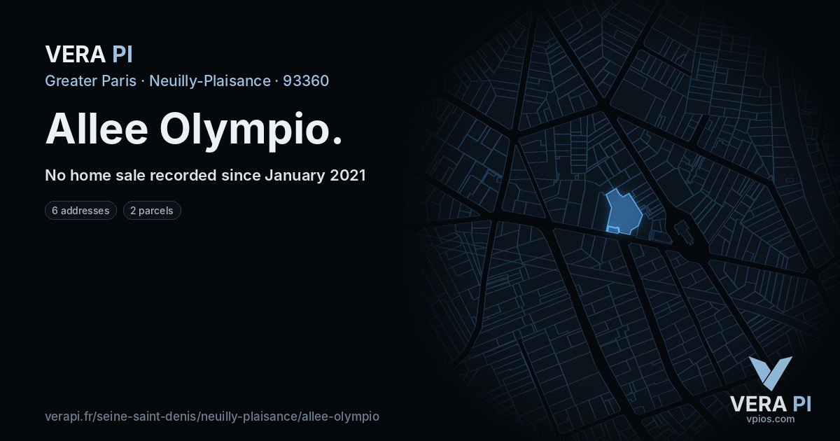 Allee Olympio, Neuilly-Plaisance at night – every parcel coloured by the prices around it, the street's own parcels lit