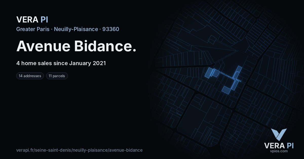Avenue Bidance, Neuilly-Plaisance at night – every parcel coloured by the prices around it, the street's own parcels lit