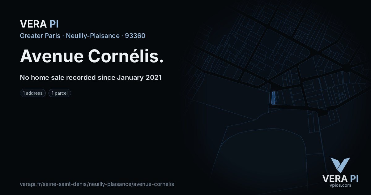 Avenue Cornélis, Neuilly-Plaisance at night – every parcel coloured by the prices around it, the street's own parcels lit