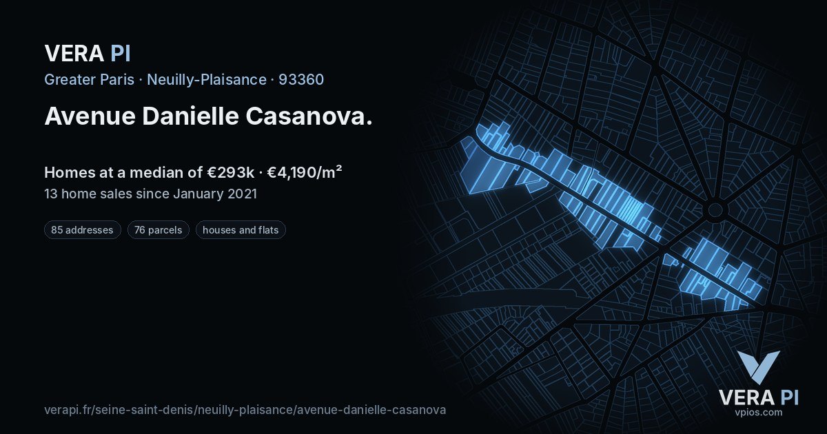Avenue Danielle Casanova, Neuilly-Plaisance at night – every parcel coloured by the prices around it, the street's own parcels lit