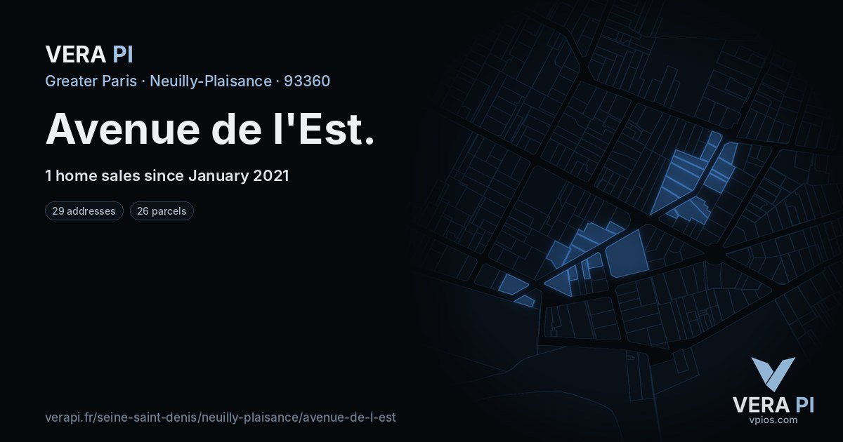 Avenue de l'Est, Neuilly-Plaisance at night – every parcel coloured by the prices around it, the street's own parcels lit