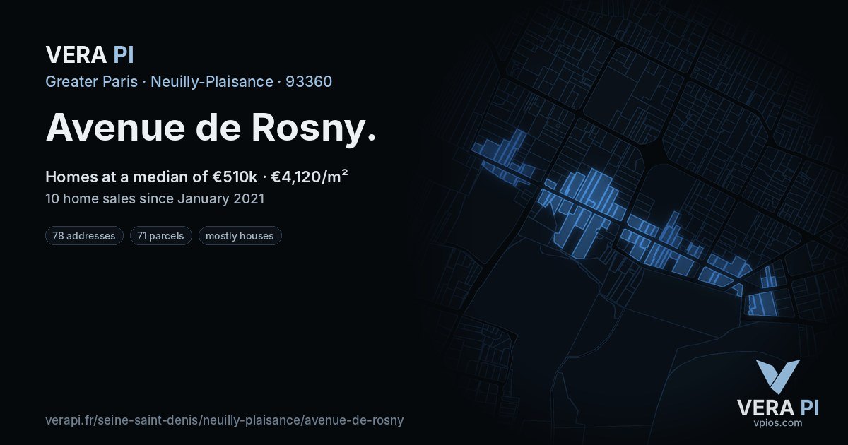 Avenue de Rosny, Neuilly-Plaisance at night – every parcel coloured by the prices around it, the street's own parcels lit