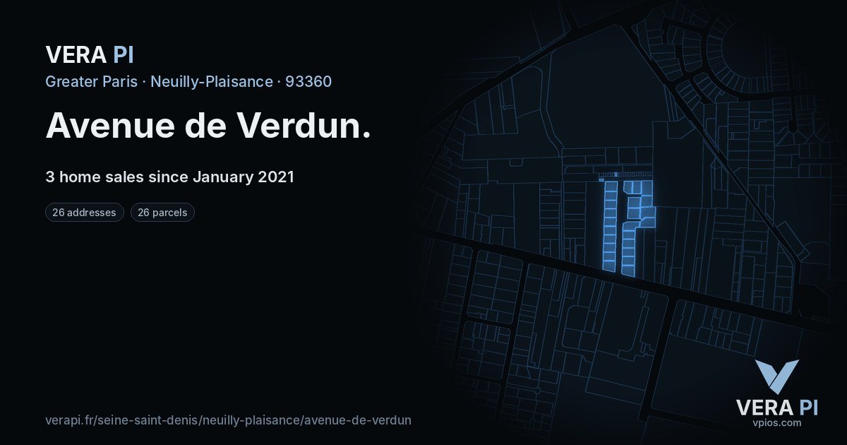Avenue de Verdun, Neuilly-Plaisance at night – every parcel coloured by the prices around it, the street's own parcels lit