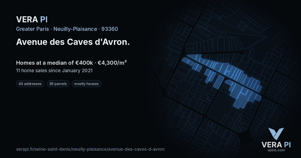 Avenue des Caves d'Avron, Neuilly-Plaisance at night – every parcel coloured by the prices around it, the street's own parcels lit