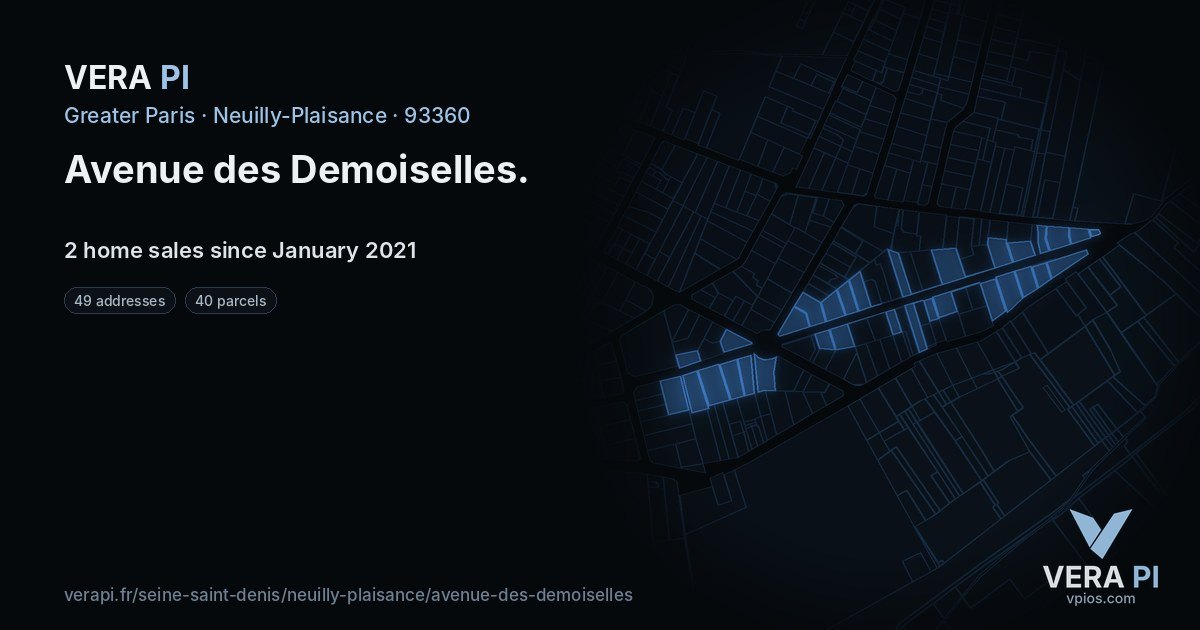 Avenue des Demoiselles, Neuilly-Plaisance at night – every parcel coloured by the prices around it, the street's own parcels lit