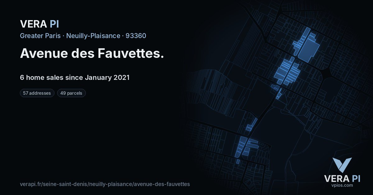 Avenue des Fauvettes, Neuilly-Plaisance at night – every parcel coloured by the prices around it, the street's own parcels lit