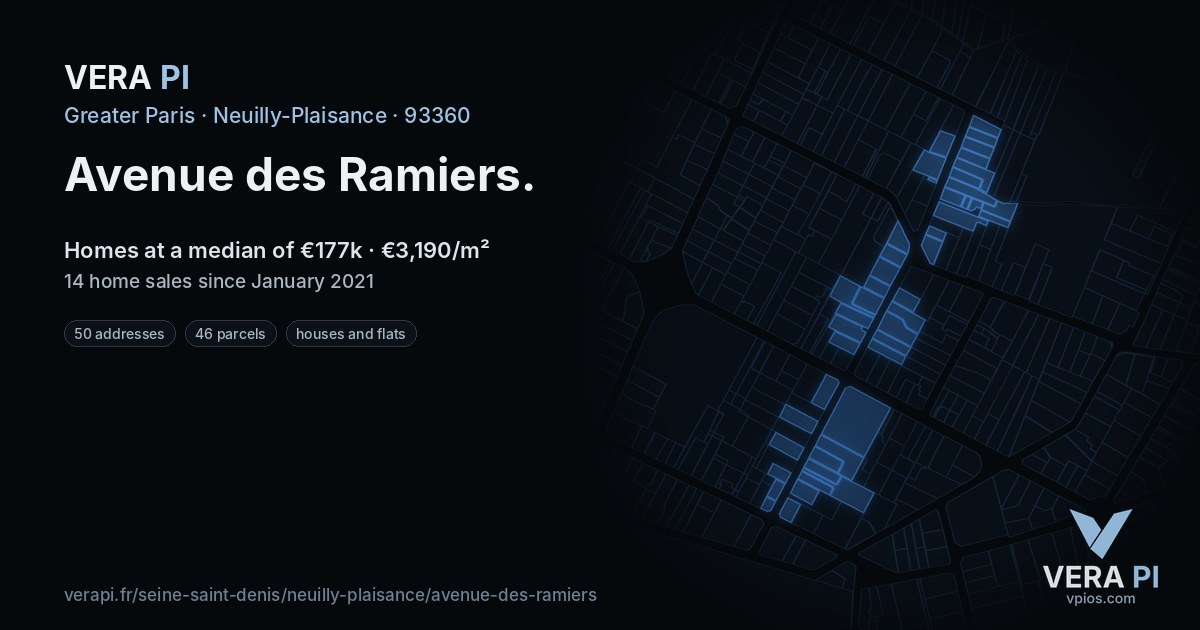 Avenue des Ramiers, Neuilly-Plaisance at night – every parcel coloured by the prices around it, the street's own parcels lit