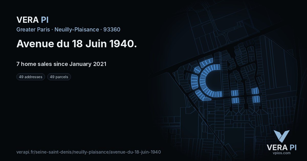 Avenue du 18 Juin 1940, Neuilly-Plaisance at night – every parcel coloured by the prices around it, the street's own parcels lit