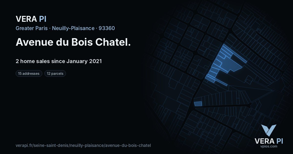 Avenue du Bois Chatel, Neuilly-Plaisance at night – every parcel coloured by the prices around it, the street's own parcels lit