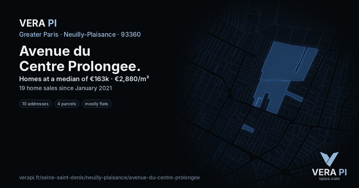 Avenue du Centre Prolongee, Neuilly-Plaisance at night – every parcel coloured by the prices around it, the street's own parcels lit