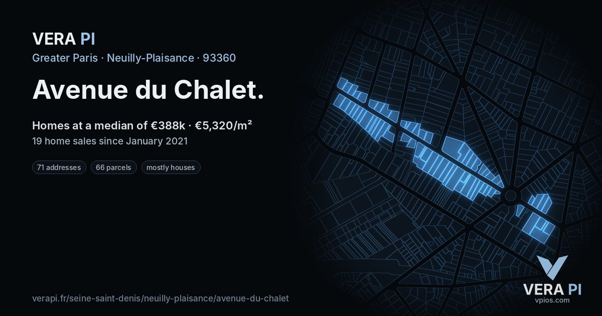 Avenue du Chalet, Neuilly-Plaisance at night – every parcel coloured by the prices around it, the street's own parcels lit