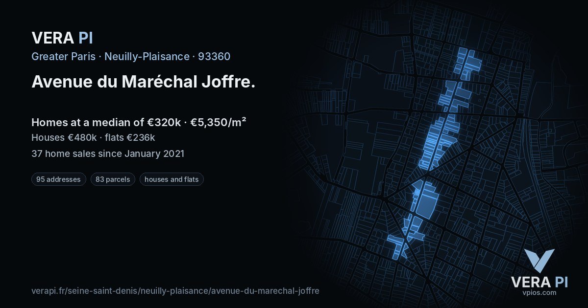 Avenue du Maréchal Joffre, Neuilly-Plaisance at night – every parcel coloured by the prices around it, the street's own parcels lit
