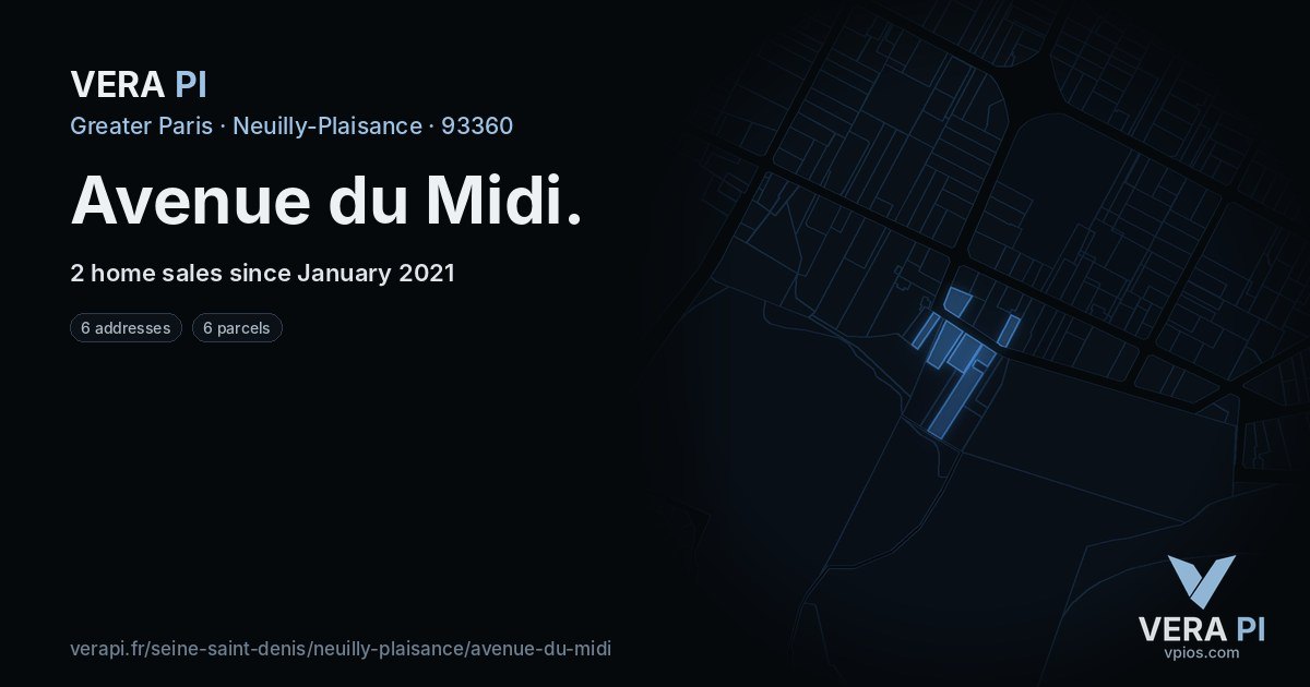 Avenue du Midi, Neuilly-Plaisance at night – every parcel coloured by the prices around it, the street's own parcels lit