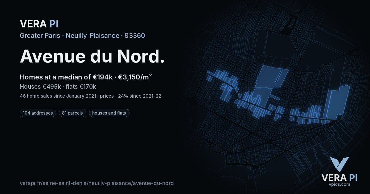 Avenue du Nord, Neuilly-Plaisance at night – every parcel coloured by the prices around it, the street's own parcels lit