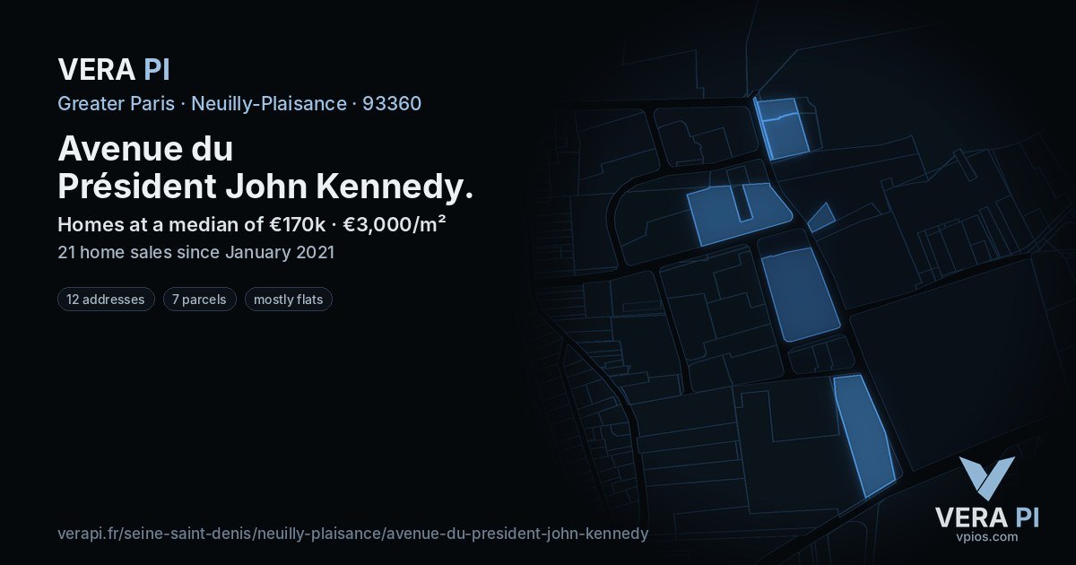 Avenue du Président John Kennedy, Neuilly-Plaisance at night – every parcel coloured by the prices around it, the street's own parcels lit