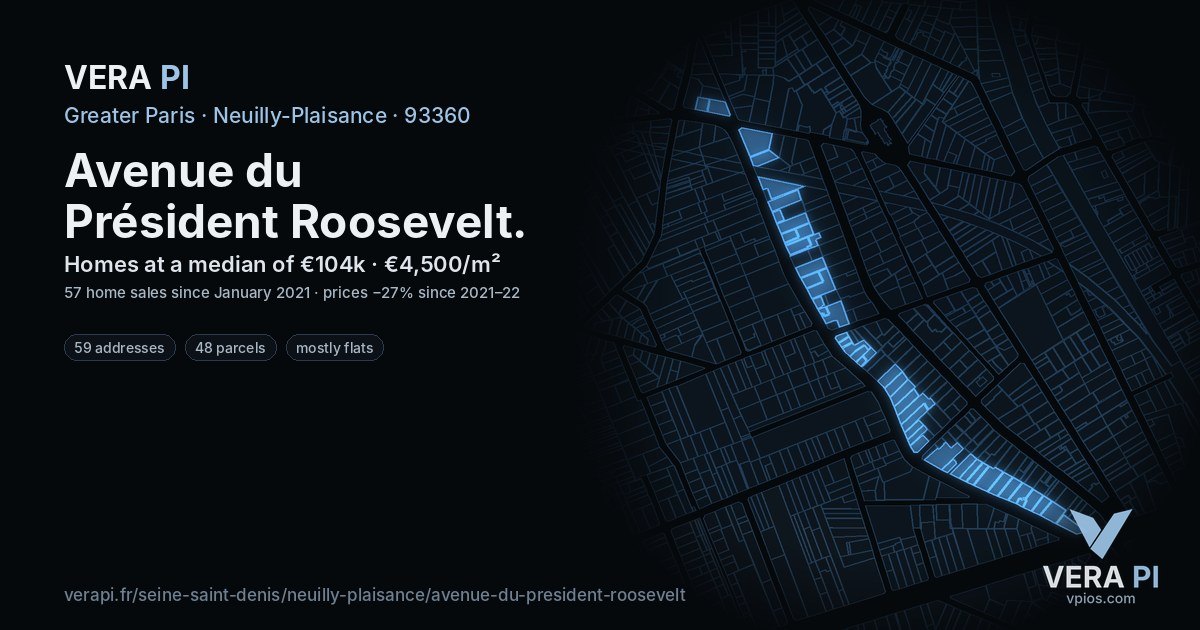 Avenue du Président Roosevelt, Neuilly-Plaisance at night – every parcel coloured by the prices around it, the street's own parcels lit