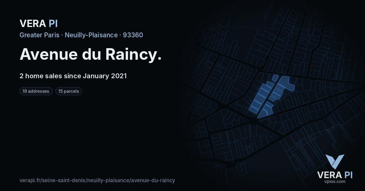 Avenue du Raincy, Neuilly-Plaisance at night – every parcel coloured by the prices around it, the street's own parcels lit