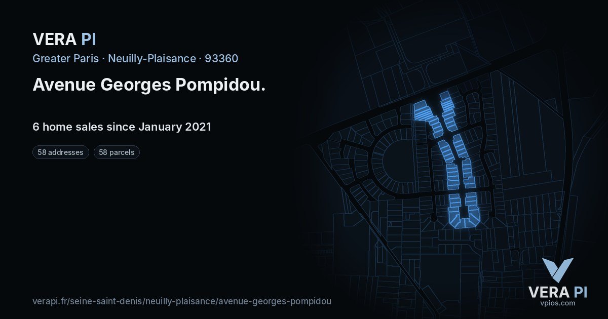 Avenue Georges Pompidou, Neuilly-Plaisance at night – every parcel coloured by the prices around it, the street's own parcels lit