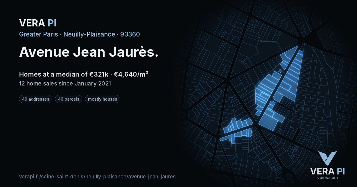 Avenue Jean Jaurès, Neuilly-Plaisance at night – every parcel coloured by the prices around it, the street's own parcels lit