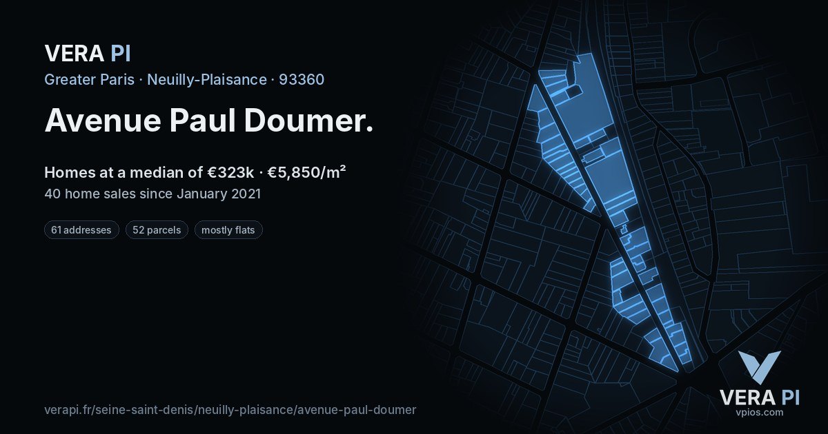 Avenue Paul Doumer, Neuilly-Plaisance at night – every parcel coloured by the prices around it, the street's own parcels lit