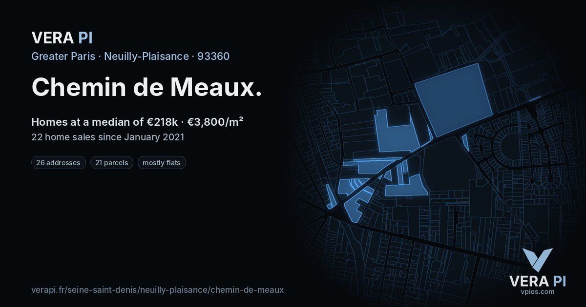 Chemin de Meaux, Neuilly-Plaisance at night – every parcel coloured by the prices around it, the street's own parcels lit