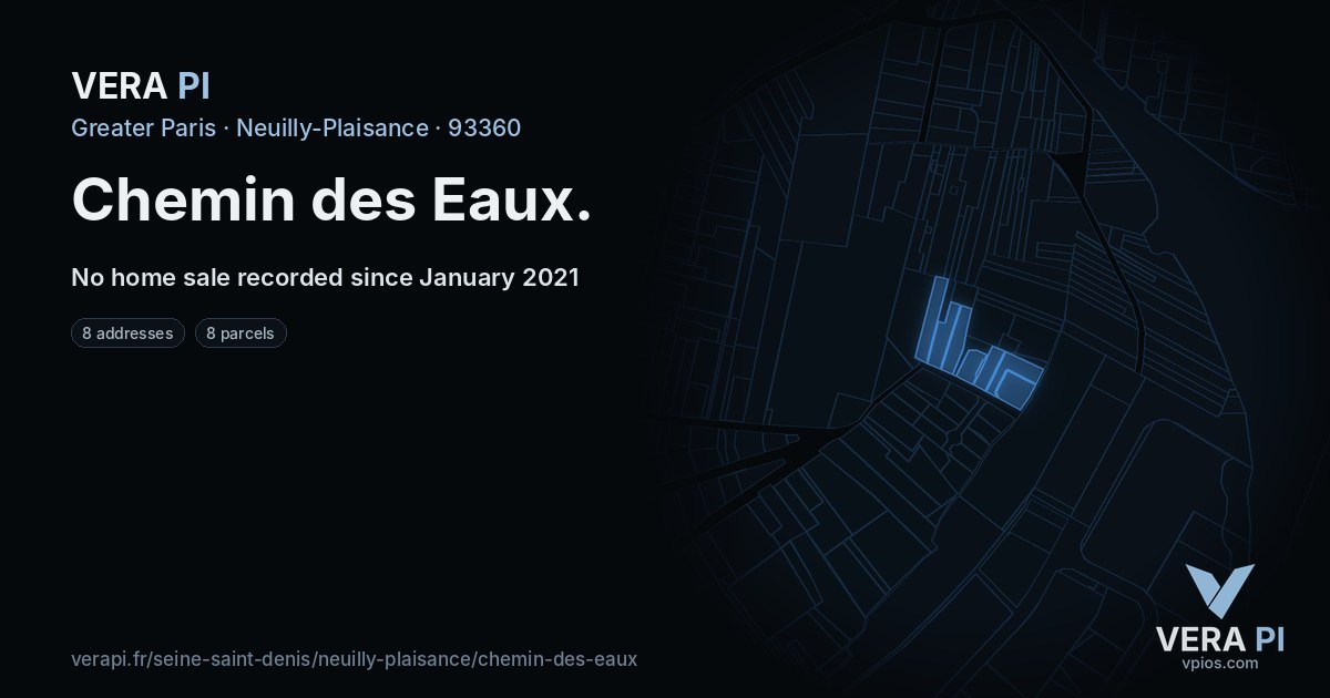 Chemin des Eaux, Neuilly-Plaisance at night – every parcel coloured by the prices around it, the street's own parcels lit