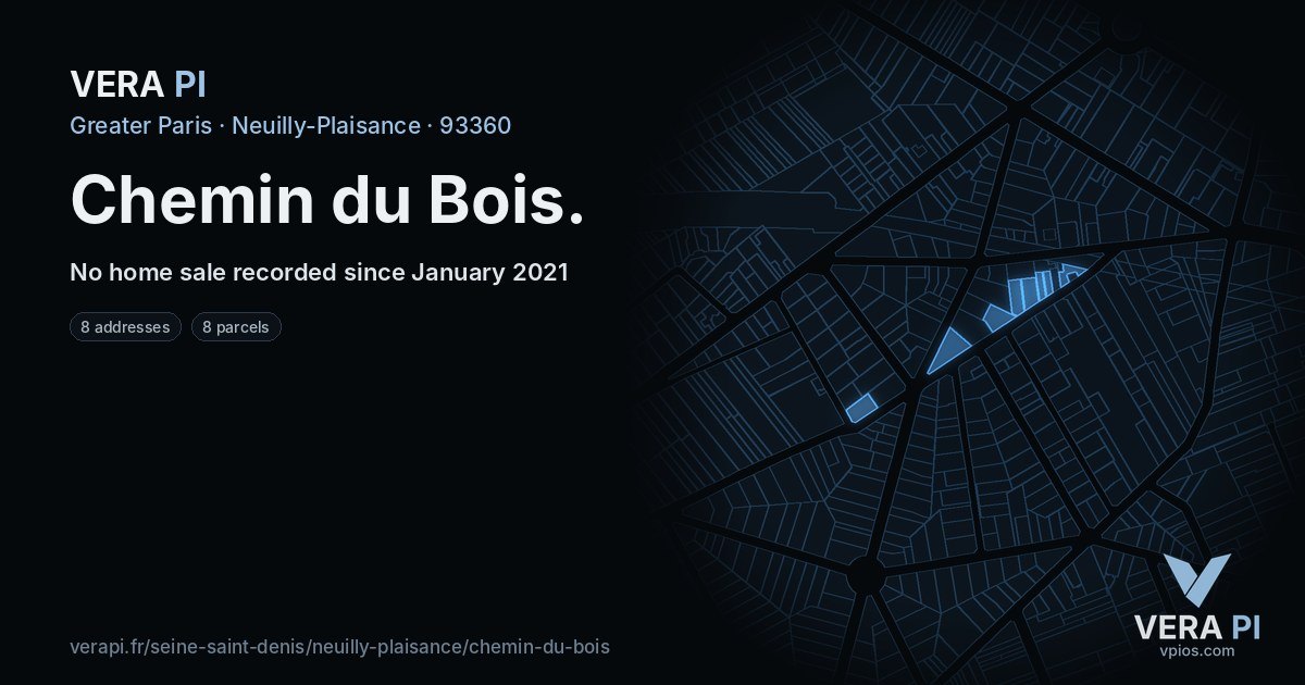Chemin du Bois, Neuilly-Plaisance at night – every parcel coloured by the prices around it, the street's own parcels lit