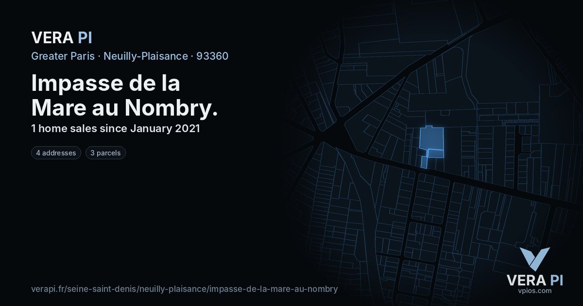 Impasse de la Mare au Nombry, Neuilly-Plaisance at night – every parcel coloured by the prices around it, the street's own parcels lit