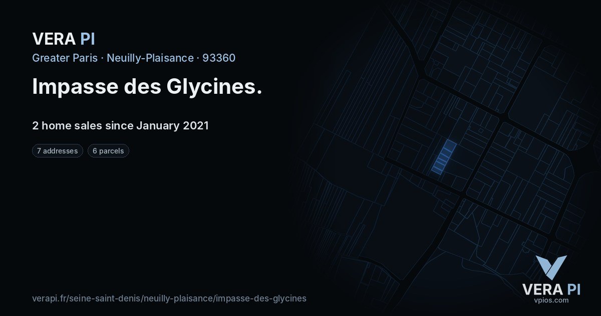 Impasse des Glycines, Neuilly-Plaisance at night – every parcel coloured by the prices around it, the street's own parcels lit