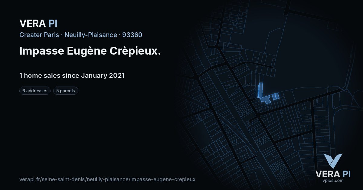 Impasse Eugène Crèpieux, Neuilly-Plaisance at night – every parcel coloured by the prices around it, the street's own parcels lit