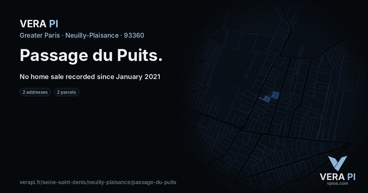 Passage du Puits, Neuilly-Plaisance at night – every parcel coloured by the prices around it, the street's own parcels lit