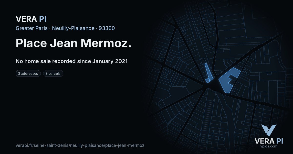 Place Jean Mermoz, Neuilly-Plaisance at night – every parcel coloured by the prices around it, the street's own parcels lit