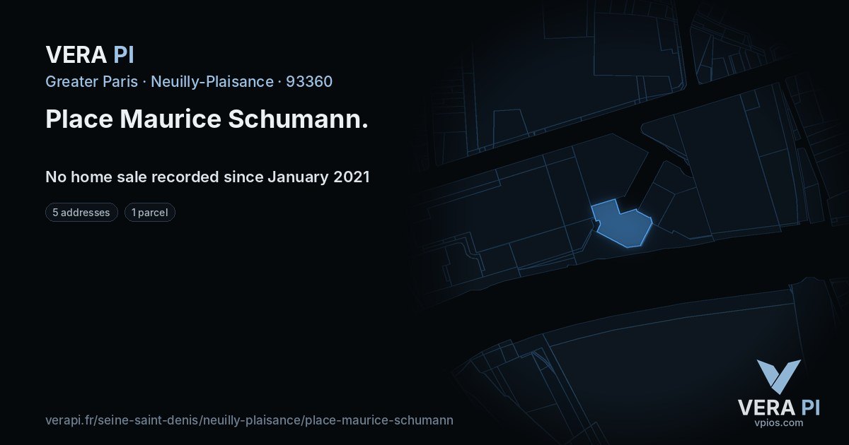 Place Maurice Schumann, Neuilly-Plaisance at night – every parcel coloured by the prices around it, the street's own parcels lit