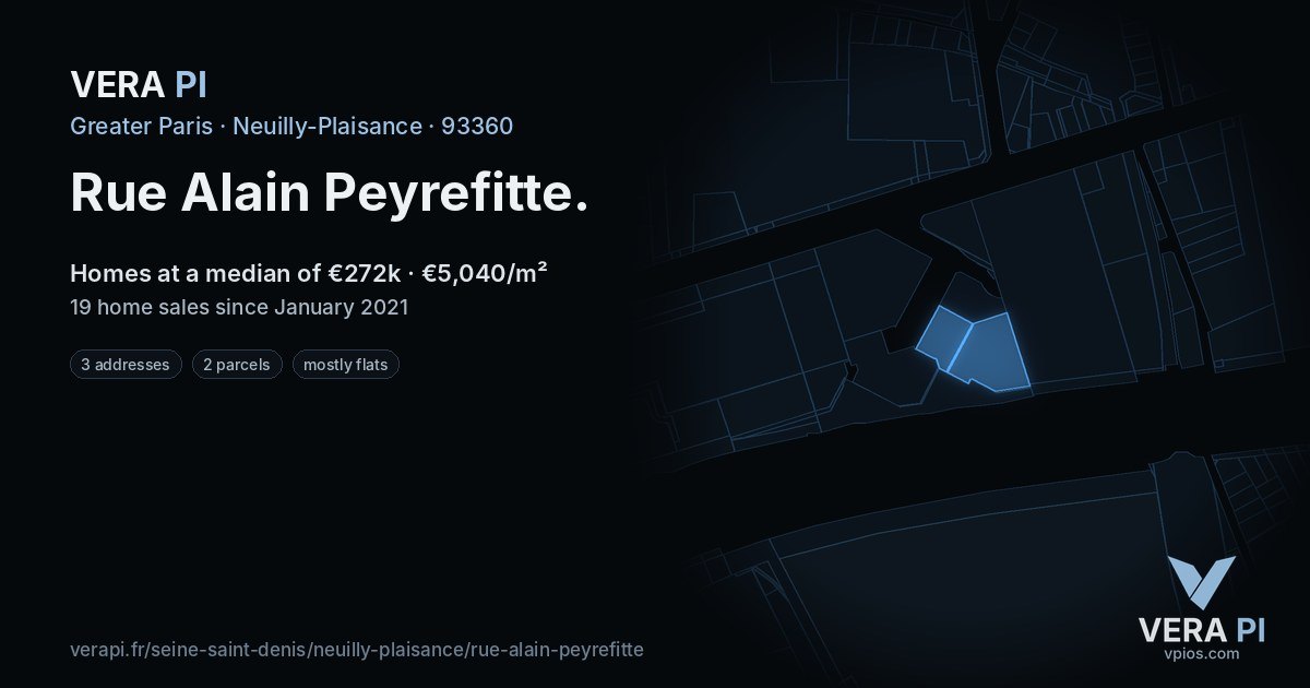 Rue Alain Peyrefitte, Neuilly-Plaisance at night – every parcel coloured by the prices around it, the street's own parcels lit
