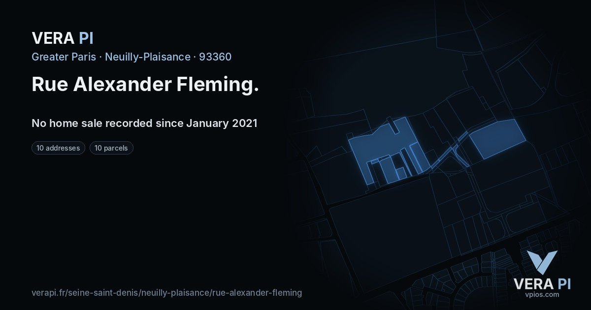 Rue Alexander Fleming, Neuilly-Plaisance at night – every parcel coloured by the prices around it, the street's own parcels lit