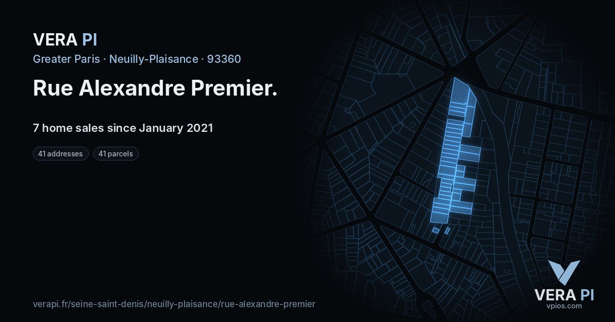 Rue Alexandre Premier, Neuilly-Plaisance at night – every parcel coloured by the prices around it, the street's own parcels lit