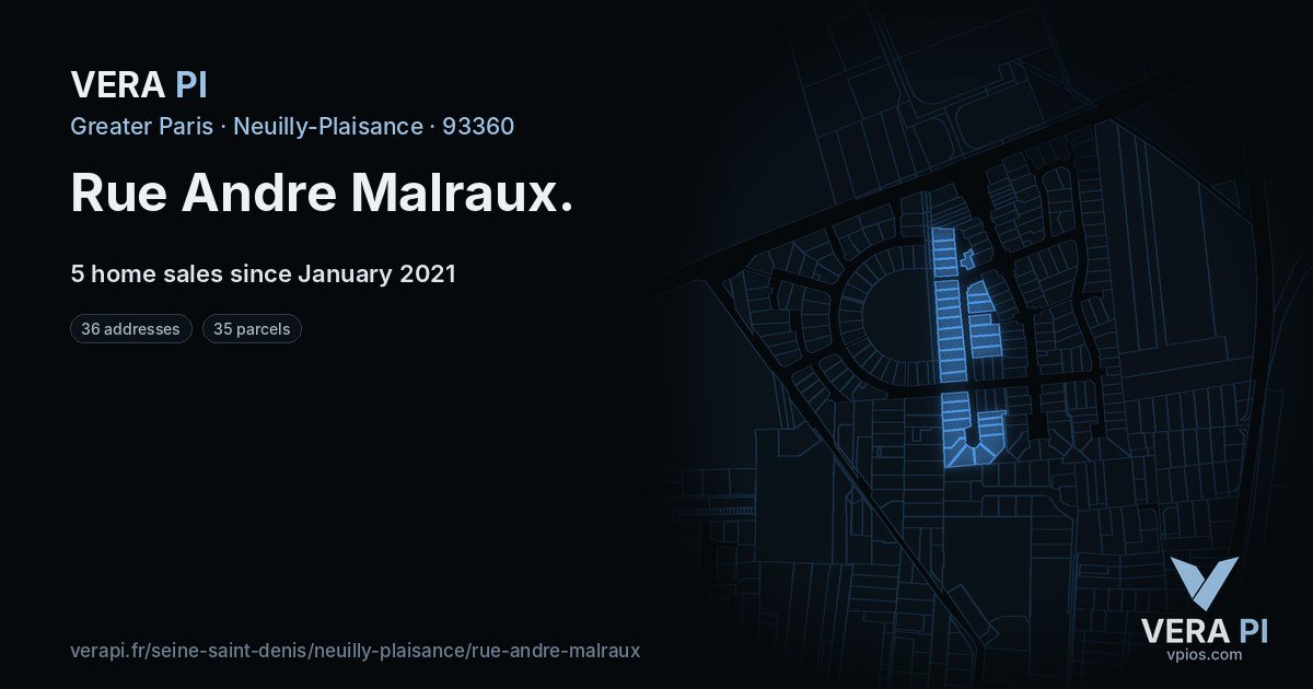 Rue Andre Malraux, Neuilly-Plaisance at night – every parcel coloured by the prices around it, the street's own parcels lit
