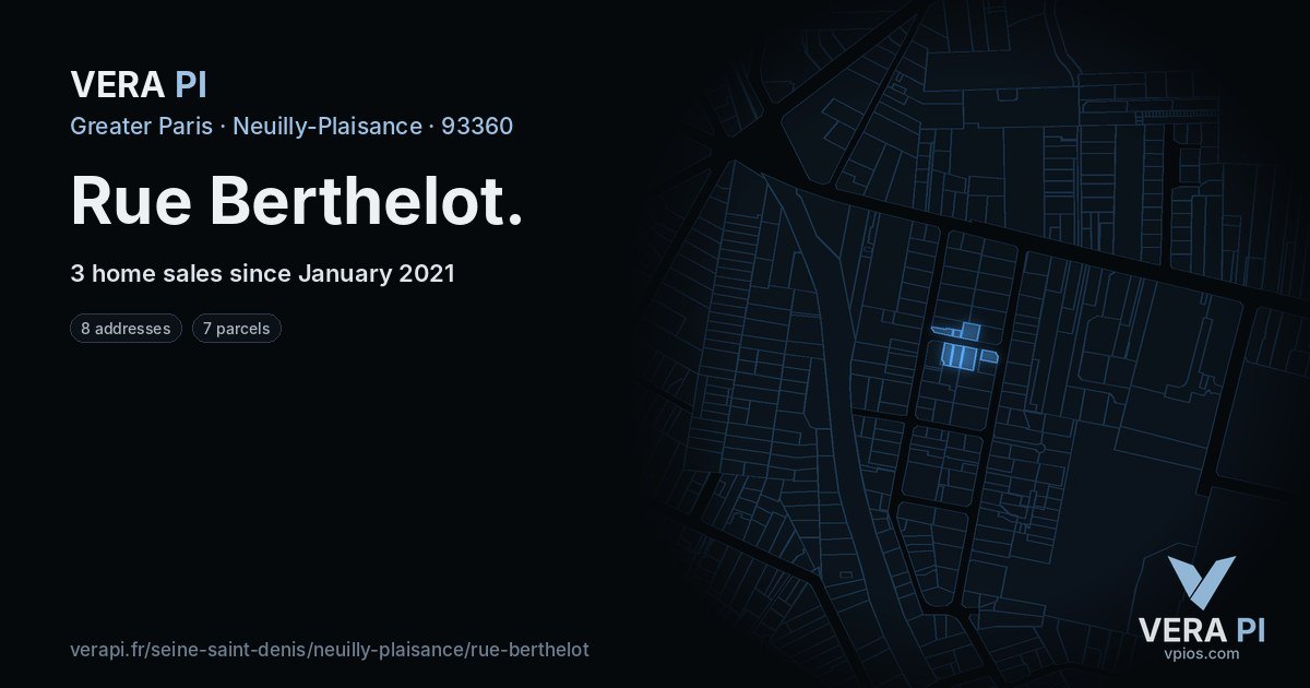 Rue Berthelot, Neuilly-Plaisance at night – every parcel coloured by the prices around it, the street's own parcels lit