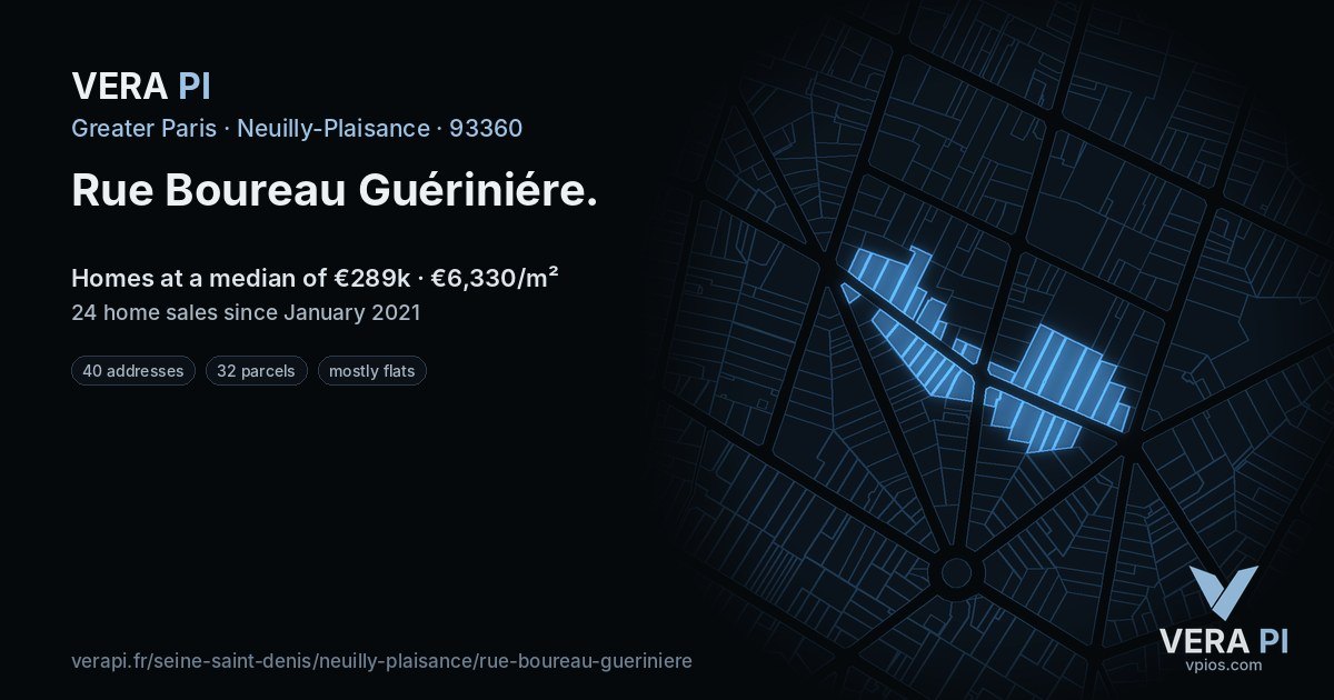 Rue Boureau Guériniére, Neuilly-Plaisance at night – every parcel coloured by the prices around it, the street's own parcels lit