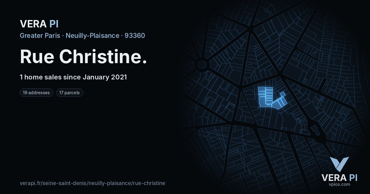 Rue Christine, Neuilly-Plaisance at night – every parcel coloured by the prices around it, the street's own parcels lit