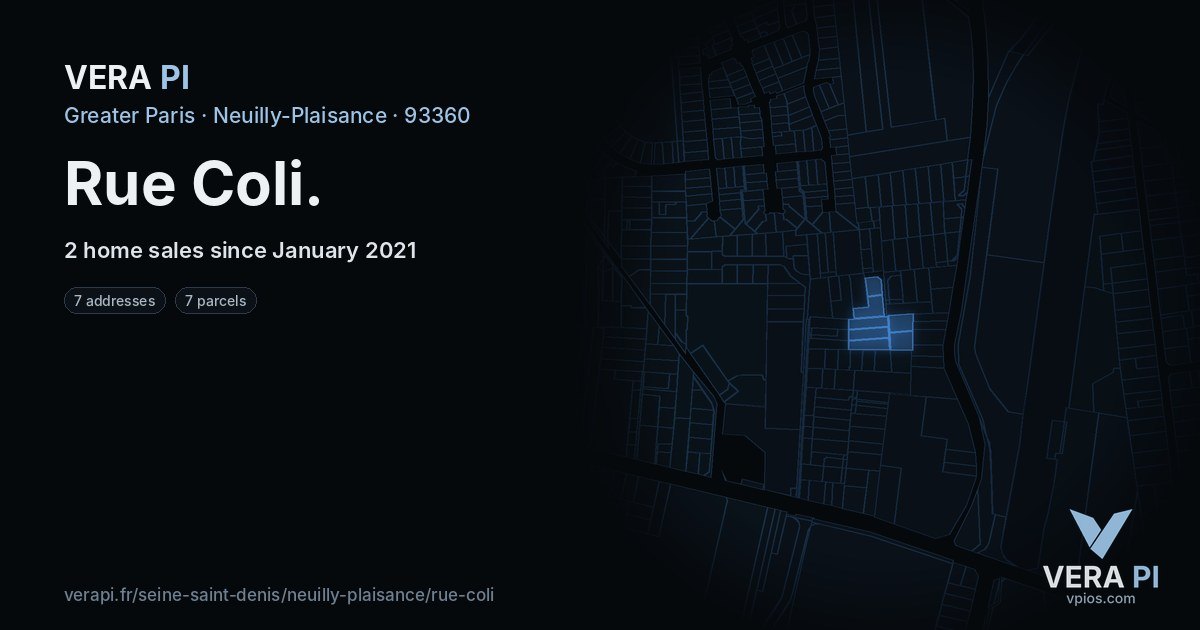 Rue Coli, Neuilly-Plaisance at night – every parcel coloured by the prices around it, the street's own parcels lit