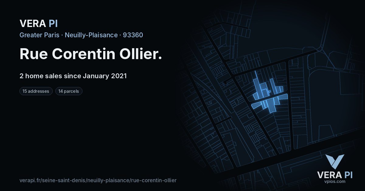 Rue Corentin Ollier, Neuilly-Plaisance at night – every parcel coloured by the prices around it, the street's own parcels lit