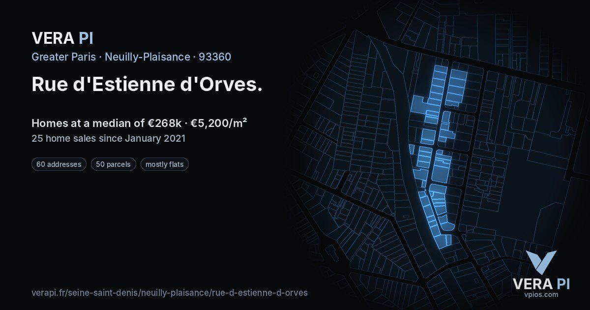 Rue d'Estienne d'Orves, Neuilly-Plaisance at night – every parcel coloured by the prices around it, the street's own parcels lit